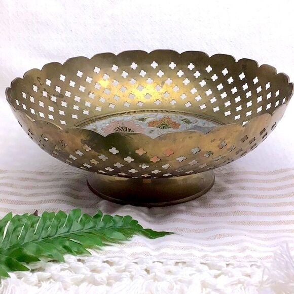 Cloisonné Decorative Floral Filigree Solid Brass Bowl - Picture 5 of 15